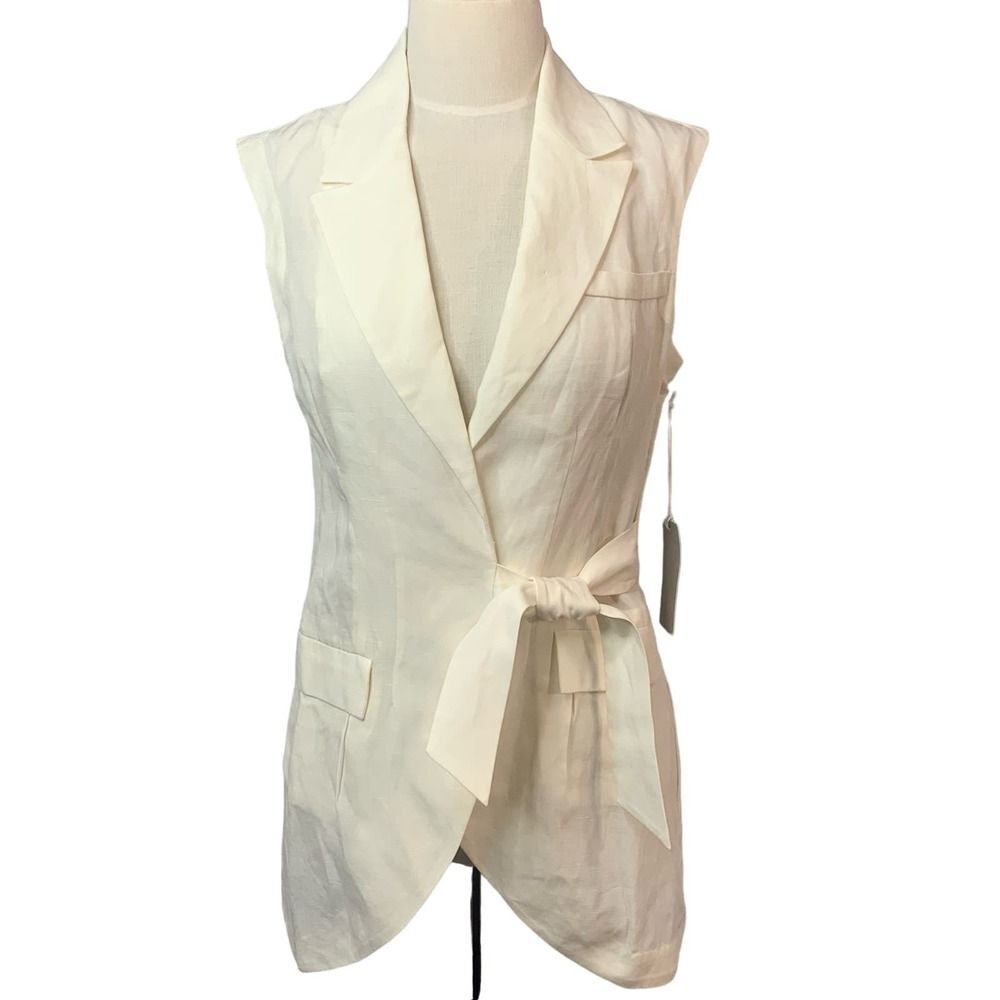Chelsea 28 Sleeveless Lapel Collared Ivory Belted Wrap Blazer Vest XS